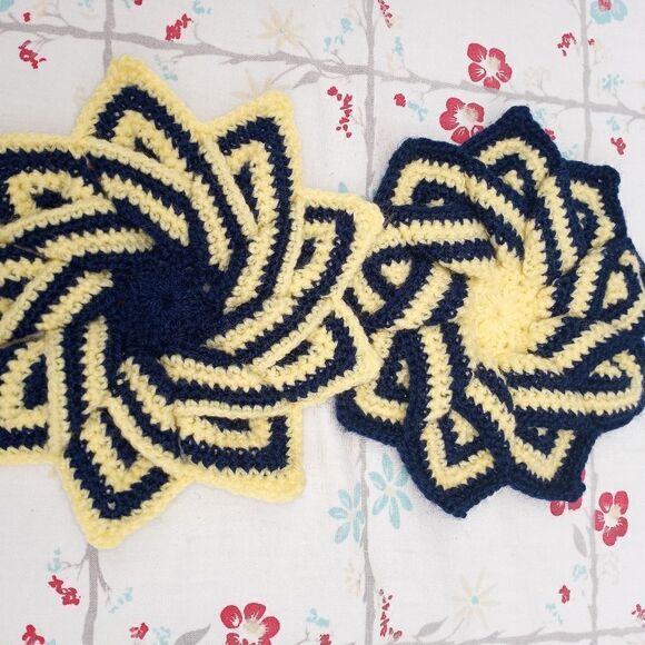 Handmade Crochet Lot of2Flowers Navy&YellowCrochet7" HomeDecorationCupGlassStand - Picture 2 of 6